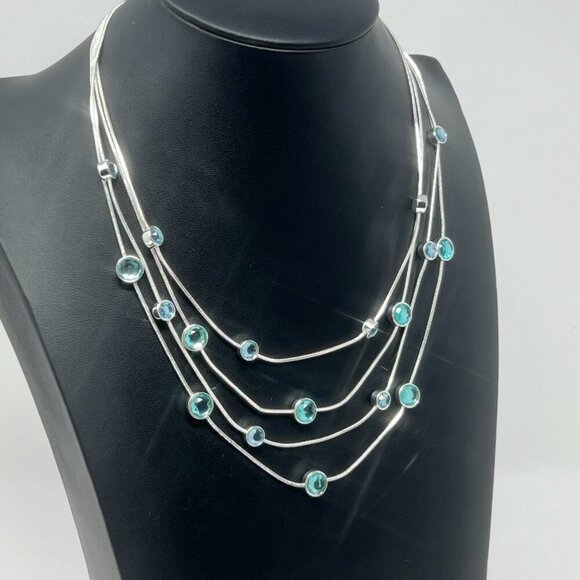 Silver Tone with Turquoise Blue Colored Crystals 4 Strand Chain Necklace - Picture 8 of 11